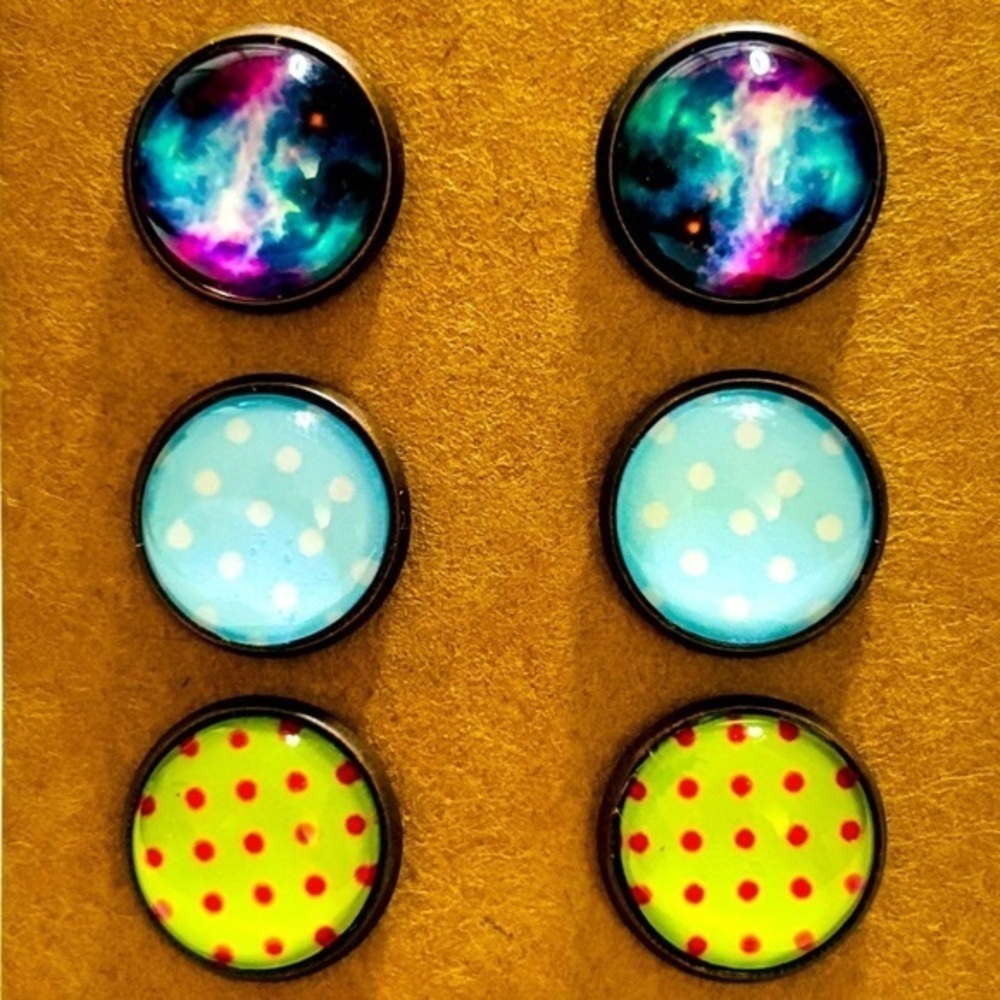 3 Pairs of 12mm Glass Cabochon Printed Stud Earrings, NWT, Handmade, Unworn